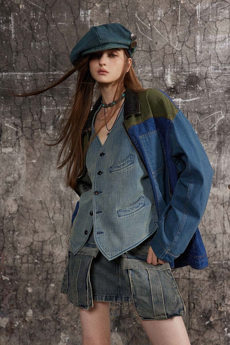 Retro Distressed Loose Leisure Washed-out Patchwork Denim Jacket