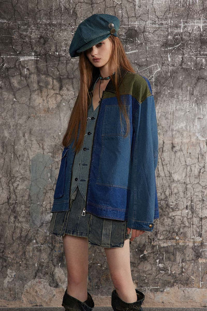 Retro Distressed Loose Leisure Washed-out Patchwork Denim Jacket