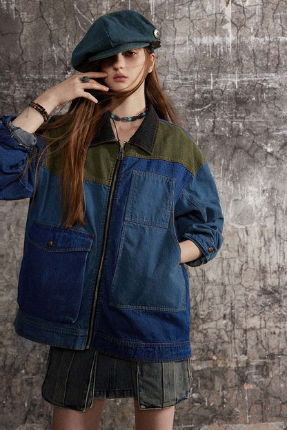 Retro Distressed Loose Leisure Washed-out Patchwork Denim Jacket