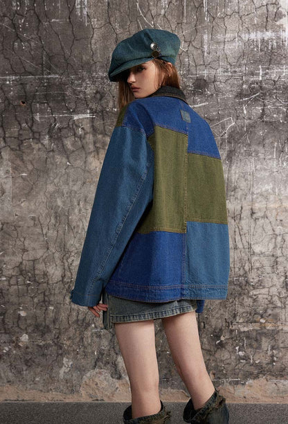 Retro Distressed Loose Leisure Washed-out Patchwork Denim Jacket