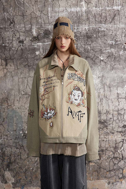 Retro Alphabet Graffiti Stitching Jacket Loose-fitting Coat Top