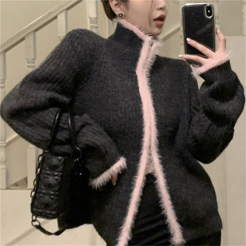 Sweet Contrast Color Long Sleeve Knitted Idle Style Zipper Sweater Cardigan For Women