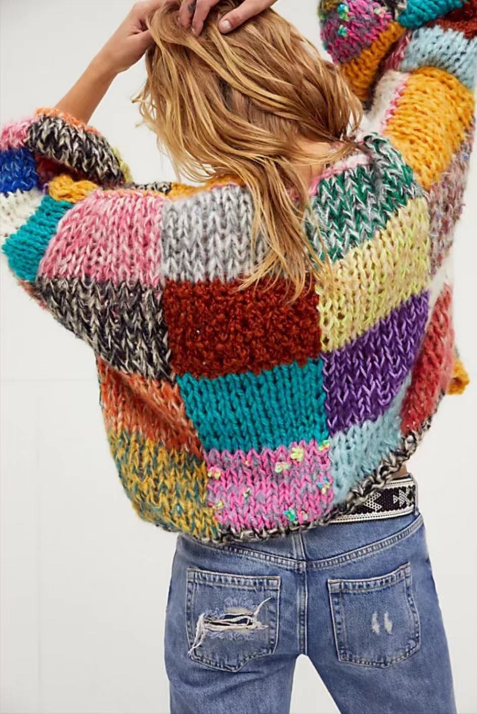 Retro Contrast Color Rainbow Plaid Handmade Versatile Cardigan Sweater For Women