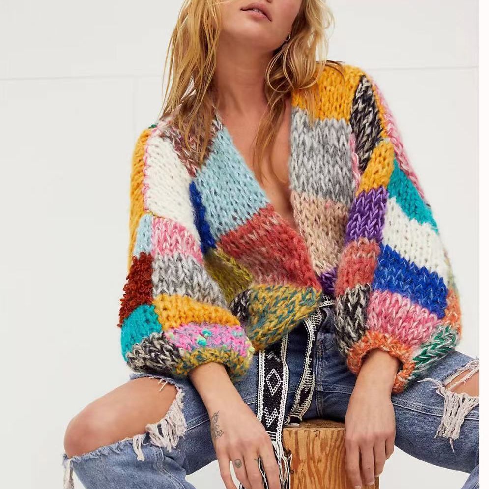 Retro Contrast Color Rainbow Plaid Handmade Versatile Cardigan Sweater For Women