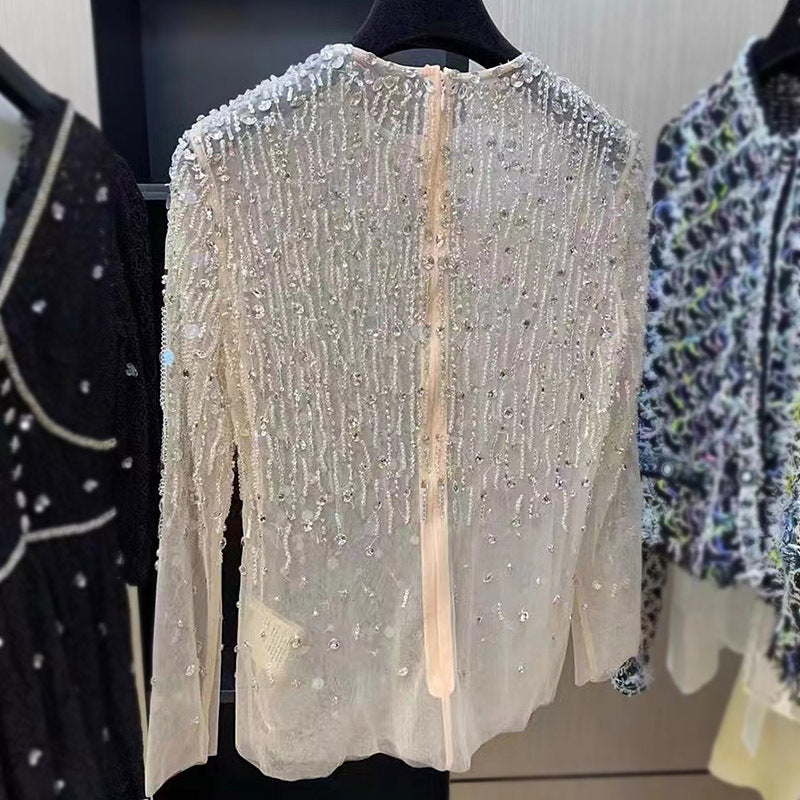 Blusa de malla con lentejuelas y tachuelas de cristal para mujer