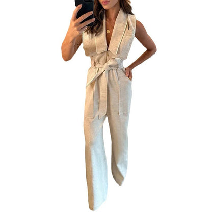 Polo Collar Waist Solid Color Wide Leg Jumpsuit