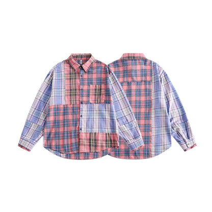 Spring Japanese Style Trend Plaid Stitching Shirt