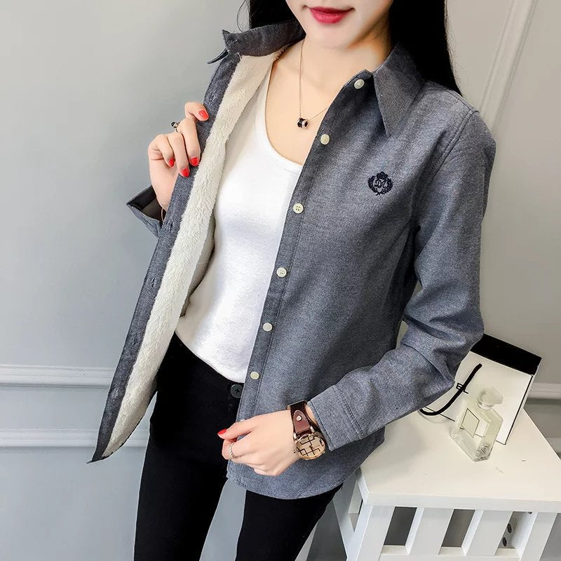 New student embroidery plus velvet shirt women long-sleeved bottoming wild thick warm shirt women