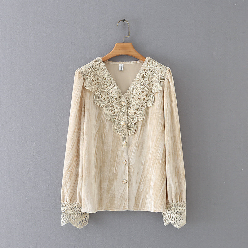 Lace Stitching Velvet Long-sleeved Shirt Top