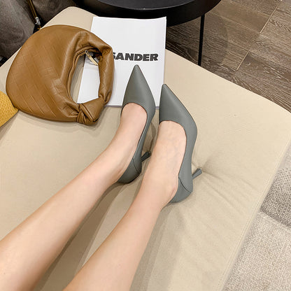 Pointed Toe Nude High Heels Soft Leather Solid Color Ladies