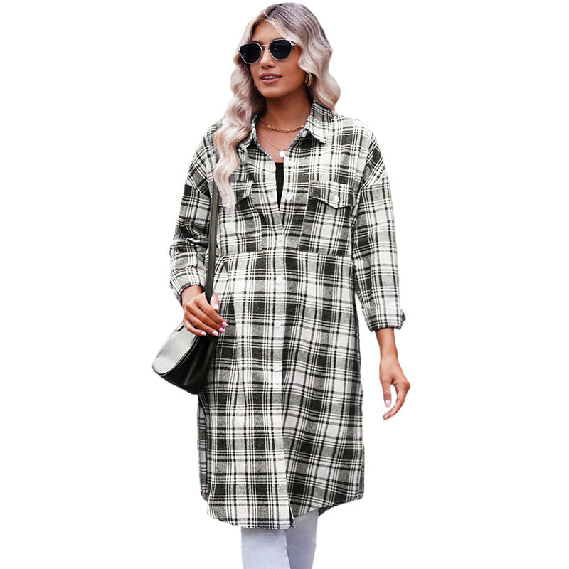 Manteau chemise mi-long à carreaux imprimés pour femme