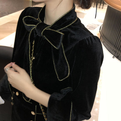 Little Fragrant Fashion Velvet Gold Silk Edge Shirt