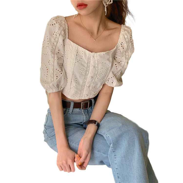 Bubble sleeve short lace top shirt