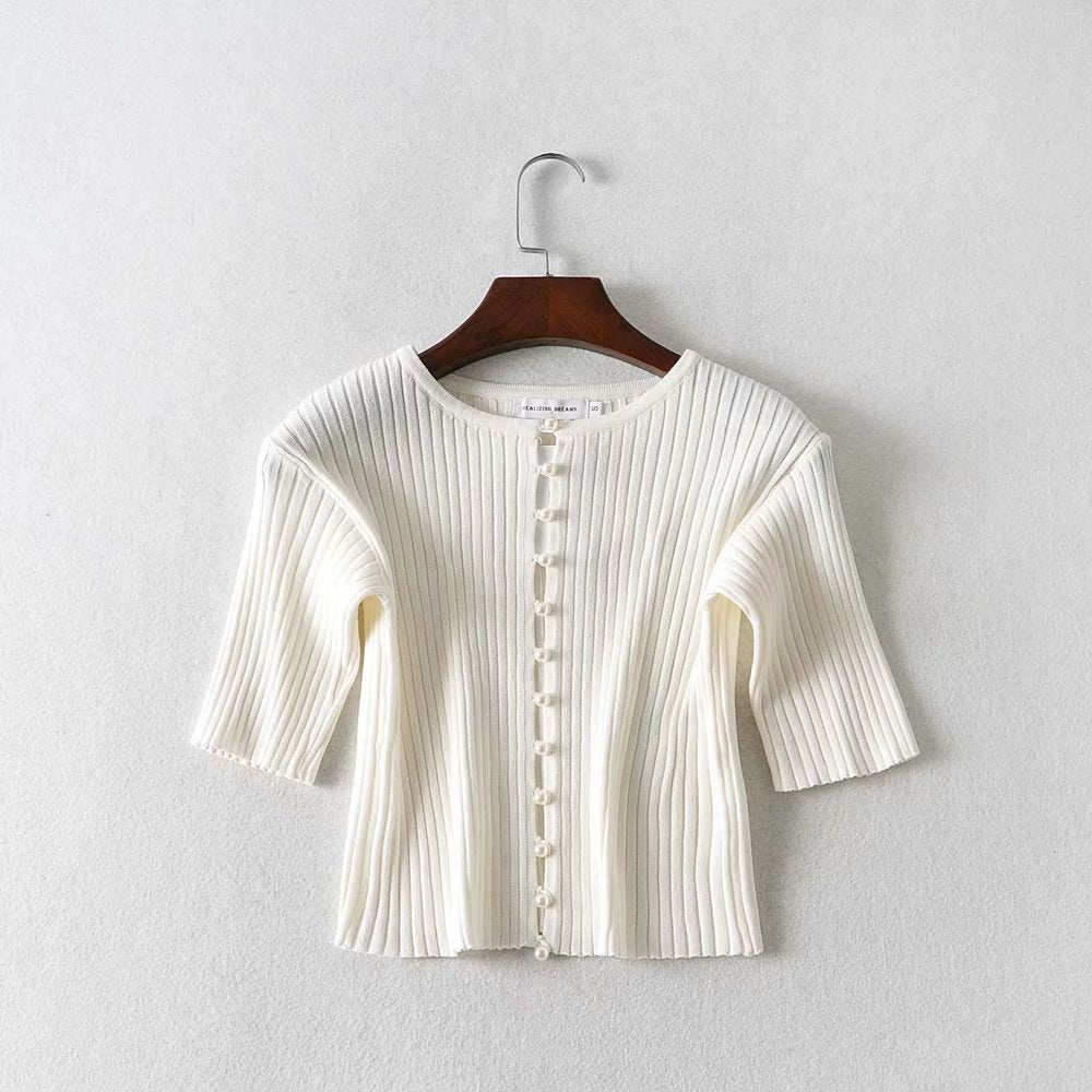 Short Slim-Fit Pearl-Breasted Knit Short-Sleeved Shirt