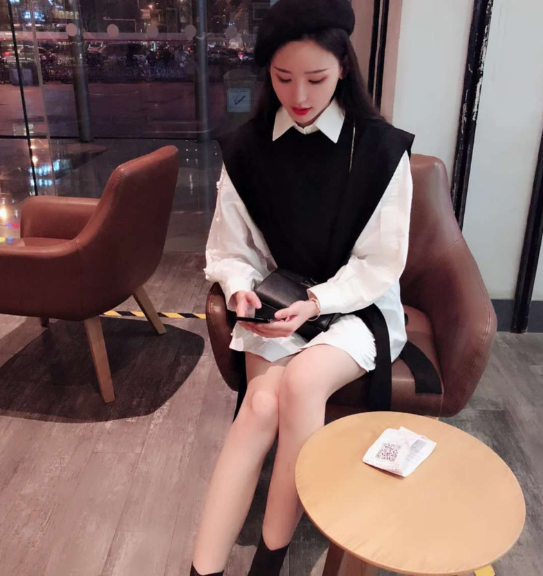 Lace-up Sweater Vest  White Long Shirt Dress Two-piece Suit