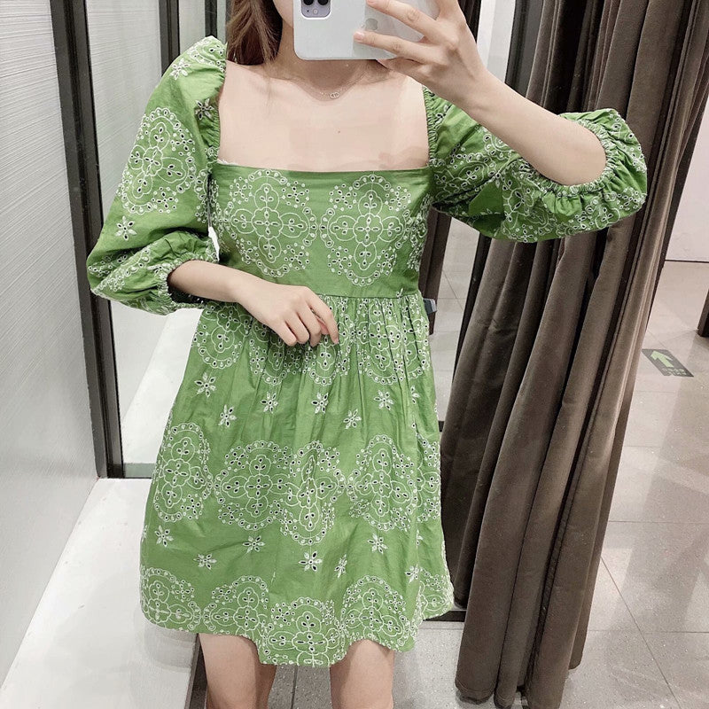 Square Neck Hollow Embroidered Dress