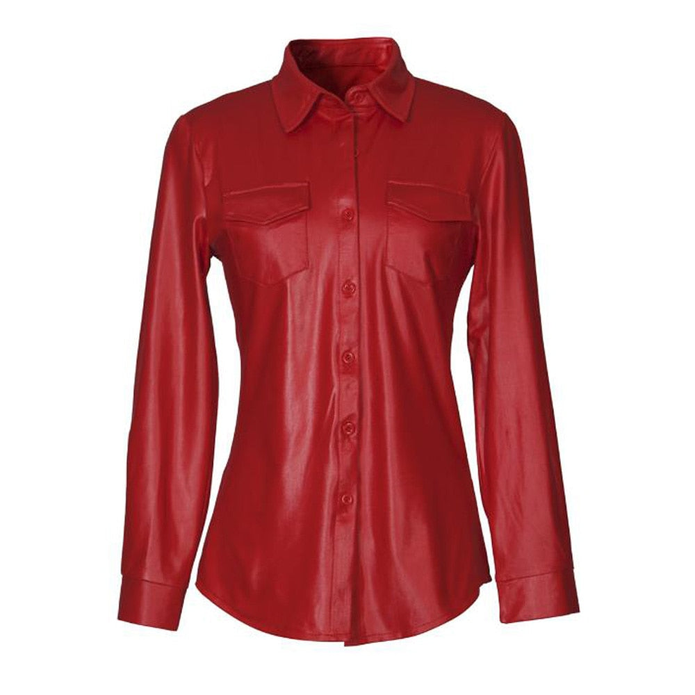 Chemise sexy à manches longues en cuir PU pour femme