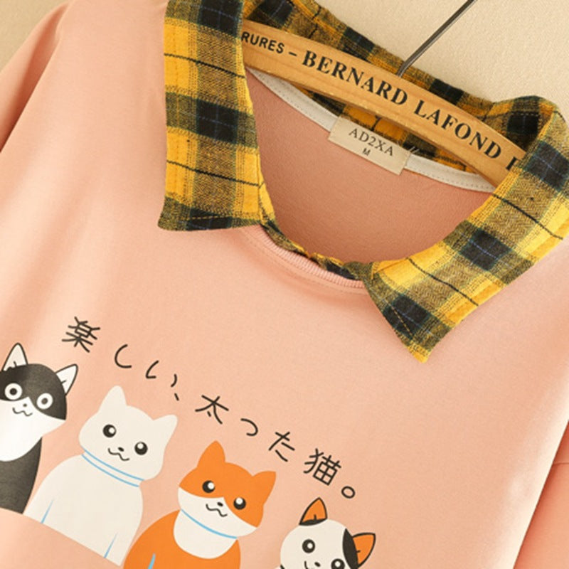 Pull faux deux pièces à carreaux pour fille et grand garçon, ample, imprimé quatre chats, nouvelle collection 