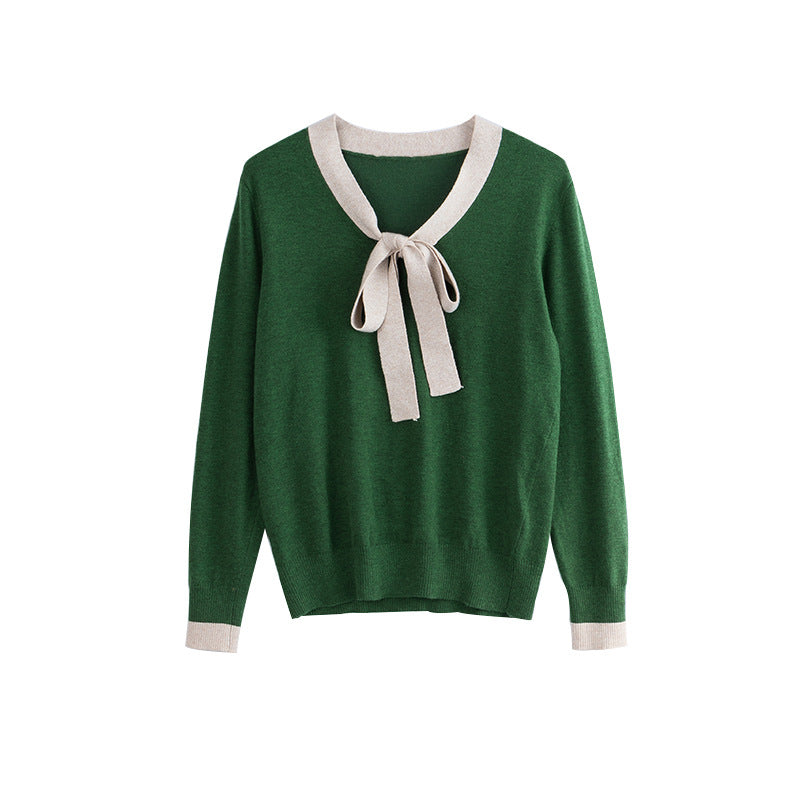 Bow tie round neck long sleeve knit top