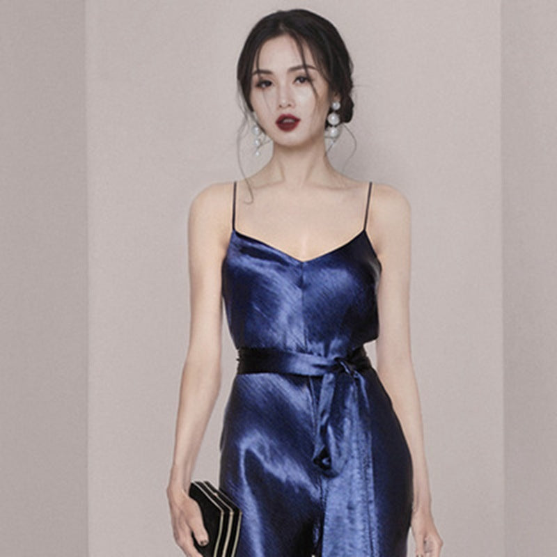 High-waisted Satin Blue Suspender Jumpsuit