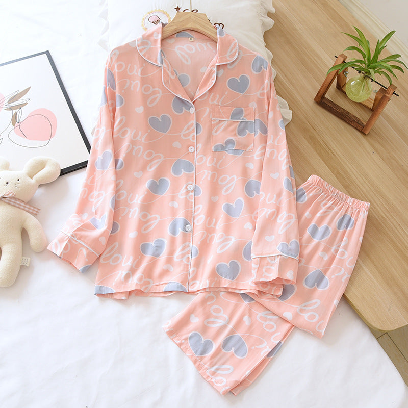 Women's Thin Two Piece Long Sleeve Cotton Silk Pajamas