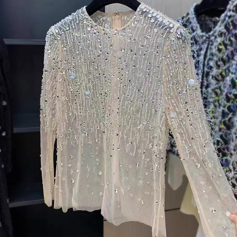 Blusa de malla con lentejuelas y tachuelas de cristal para mujer