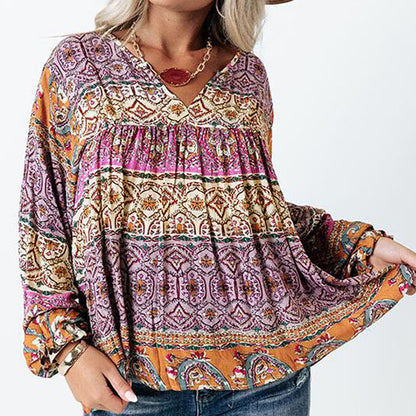 European And American Women's Clothing New Top Bohemian Multicolor Printed Casual Shirt V-neck Puff Sleeve Pullover