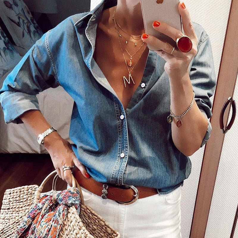 Fall new loose button denim shirt for women