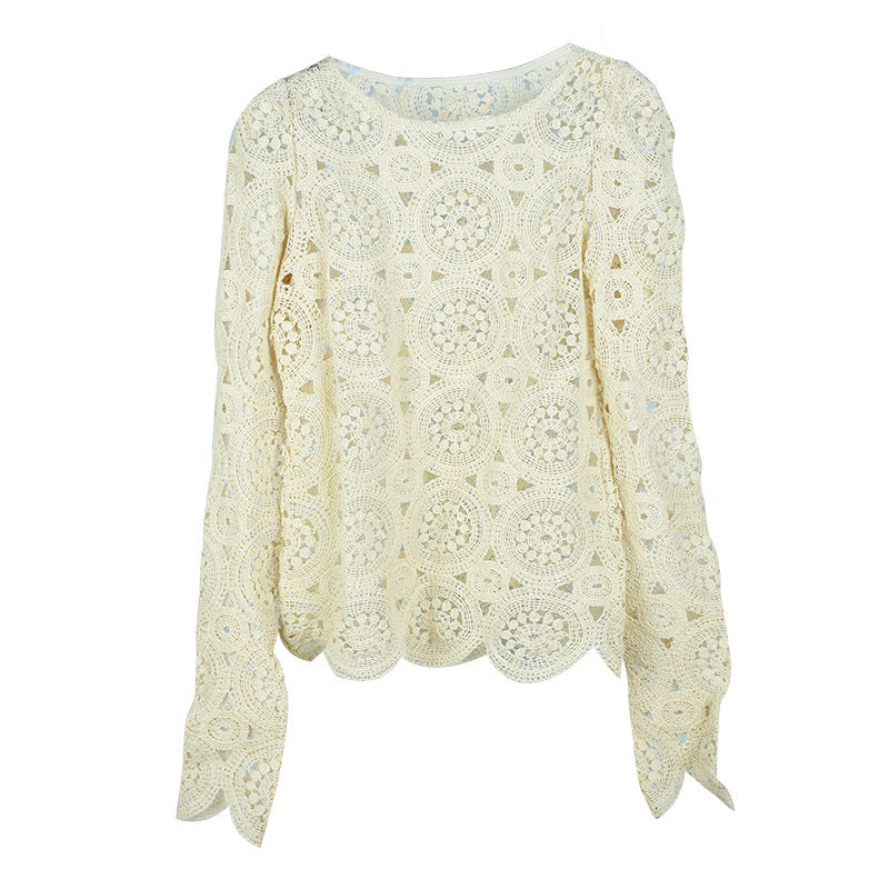 Ladies Round Neck Lace Lace Perspective Long Sleeves