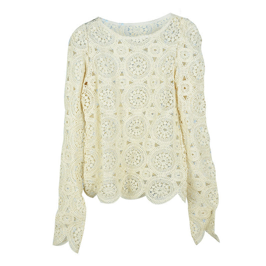 Ladies Round Neck Lace Lace Perspective Long Sleeves