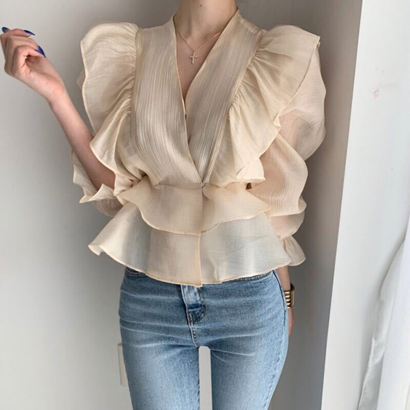 Vintage Hong Kong style ruffled V-neck shirt