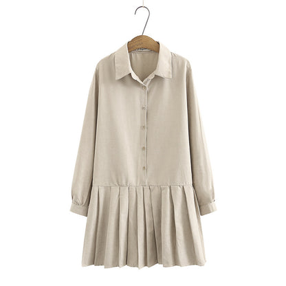 Pleated Dress With Long Sleeves And Shirt Collar