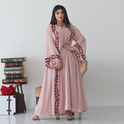 Chiffon Long Muslim Embroidered Crew Neck Dress With Headscarf