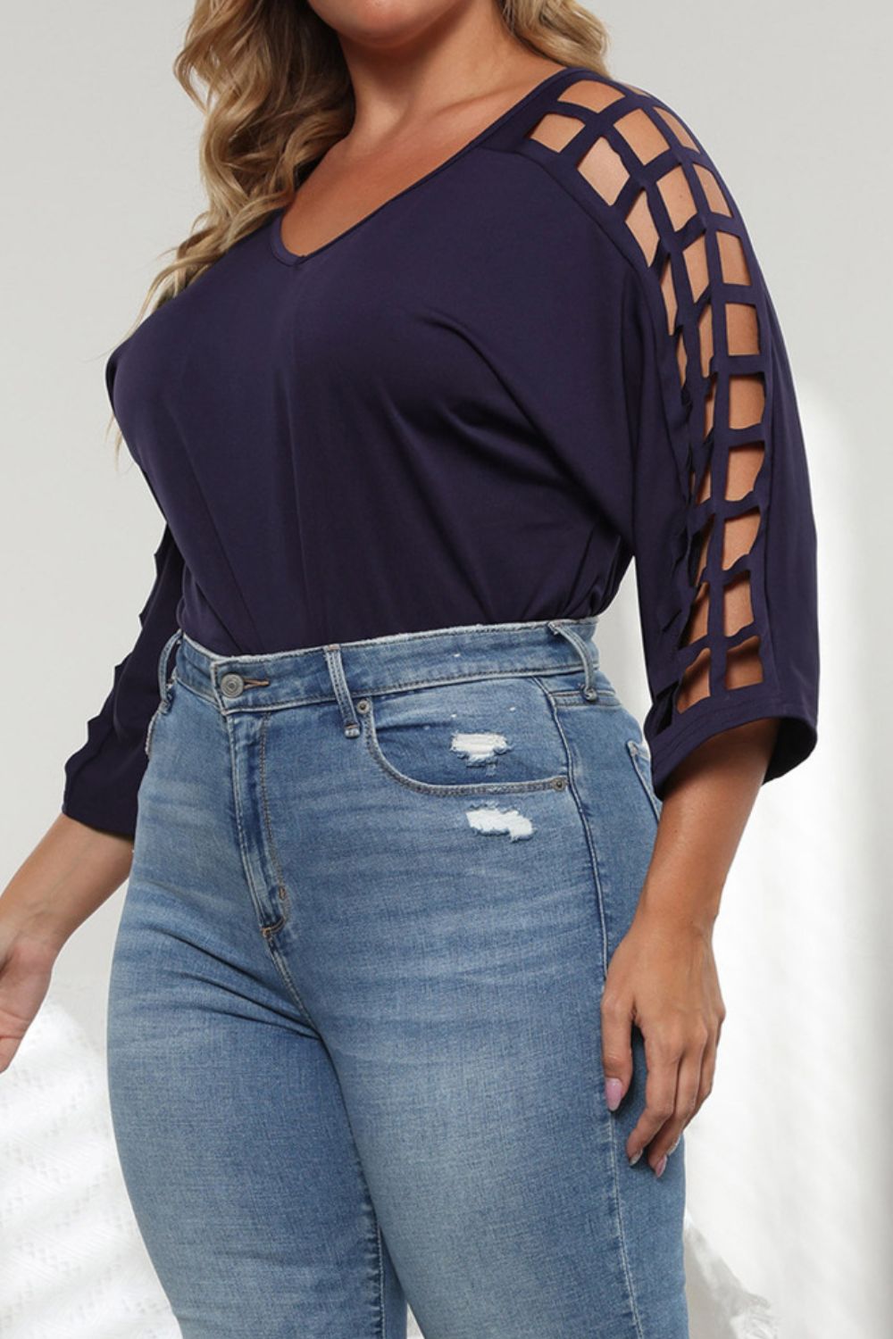 Blouse Découpée à Manches Trois-Quarts de Grande Taille