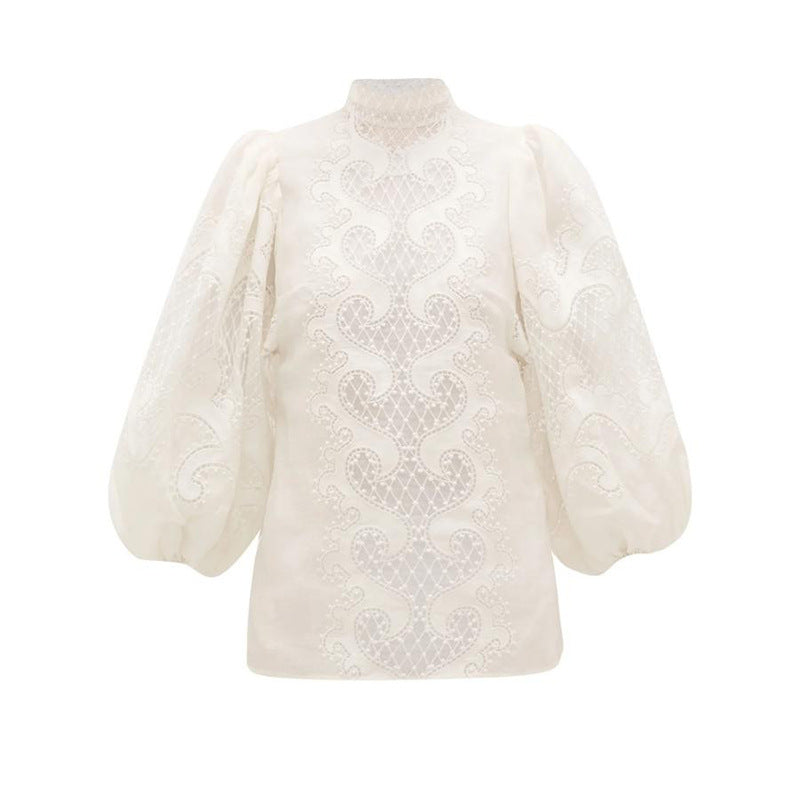 Spliced lace loose lantern sleeve lace shirt