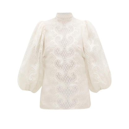 Spliced lace loose lantern sleeve lace shirt