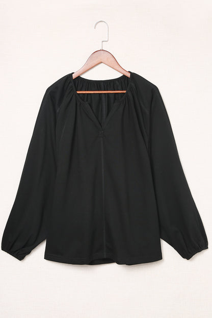 Notched Neck Balloon Sleeve Blouse