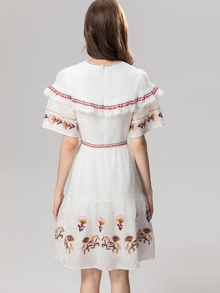 Machine Embroidery Ruffled Stitching Flared Short Sleeve White Short Dress