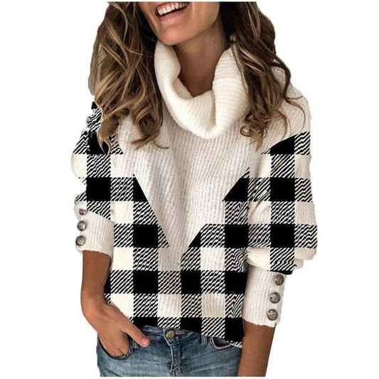 Ladies Plaid Lapel Knitted Fashion Casual Pullover Sweater