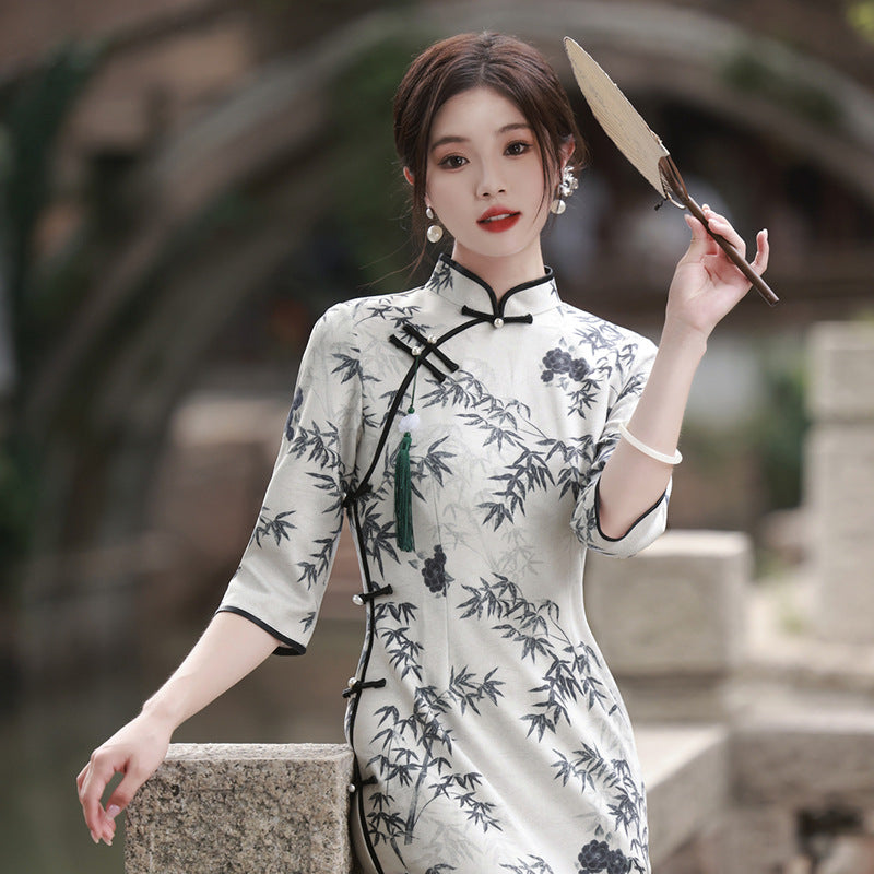 Vestido Cheongsam diario adelgazante elegante de gama alta con estampado de ante chino para mujer