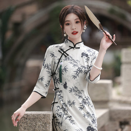 Robe Cheongsam chinoise en daim imprimé pour femmes, haut de gamme, élégante, gracieuse, amincissante, quotidienne