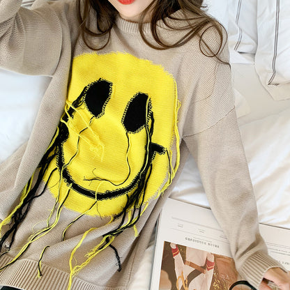 Loose smiley long-sleeved knitted top