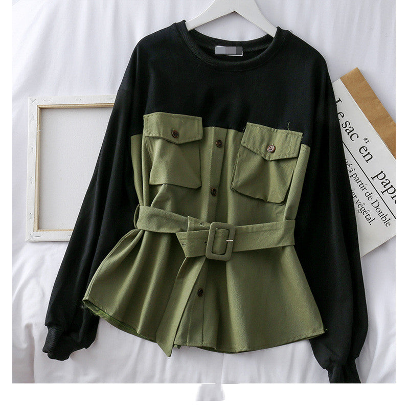 Color contrast breasted high waist long sleeves