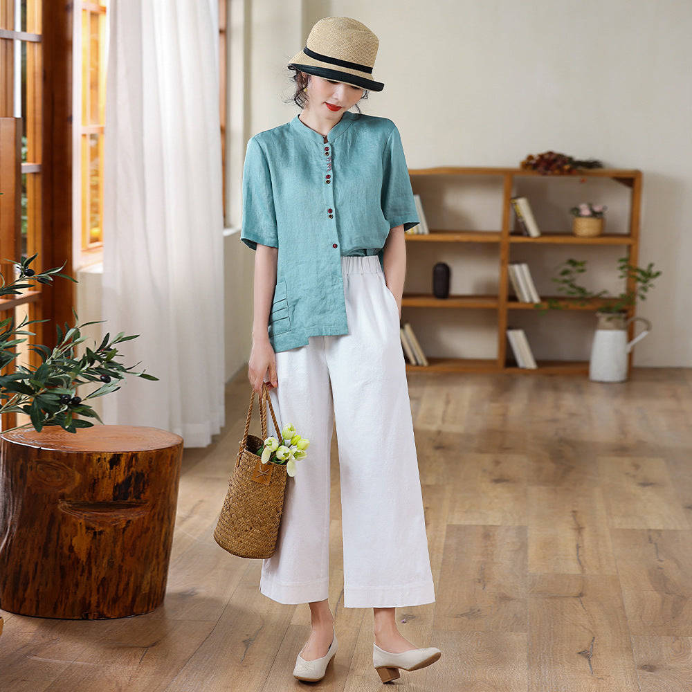 Camisa de lino con cuello levantado vintage para mujer