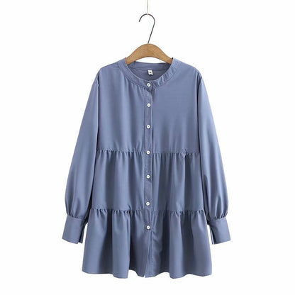 Medium Length Small Stand Collar Shirt Pleated Skirt