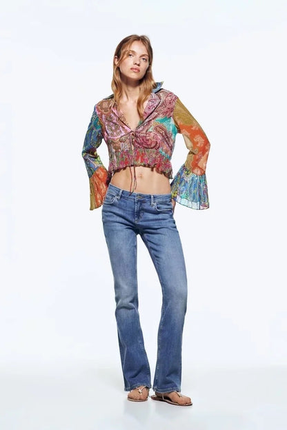 Printed Lace-Up Flare Sleeve Cropped Shirt