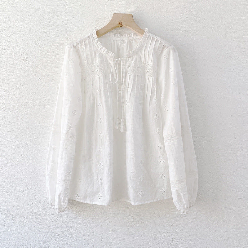 Chemise française brodée en coton blanc à manches longues pour femmes