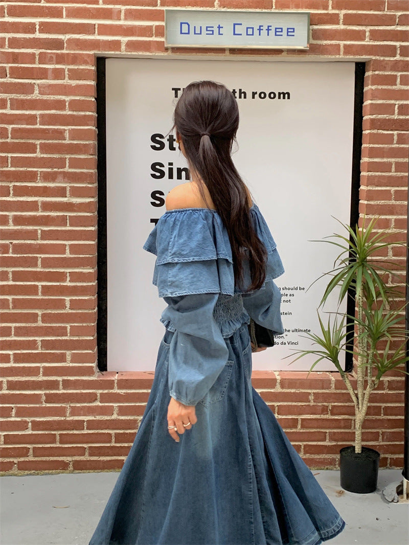 Retro Off-shoulder Waist-controlled Top Large Swing Denim Skirt