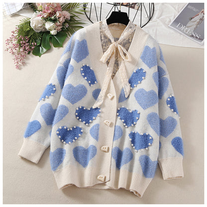 Loose beaded mid-length knitted cardigan