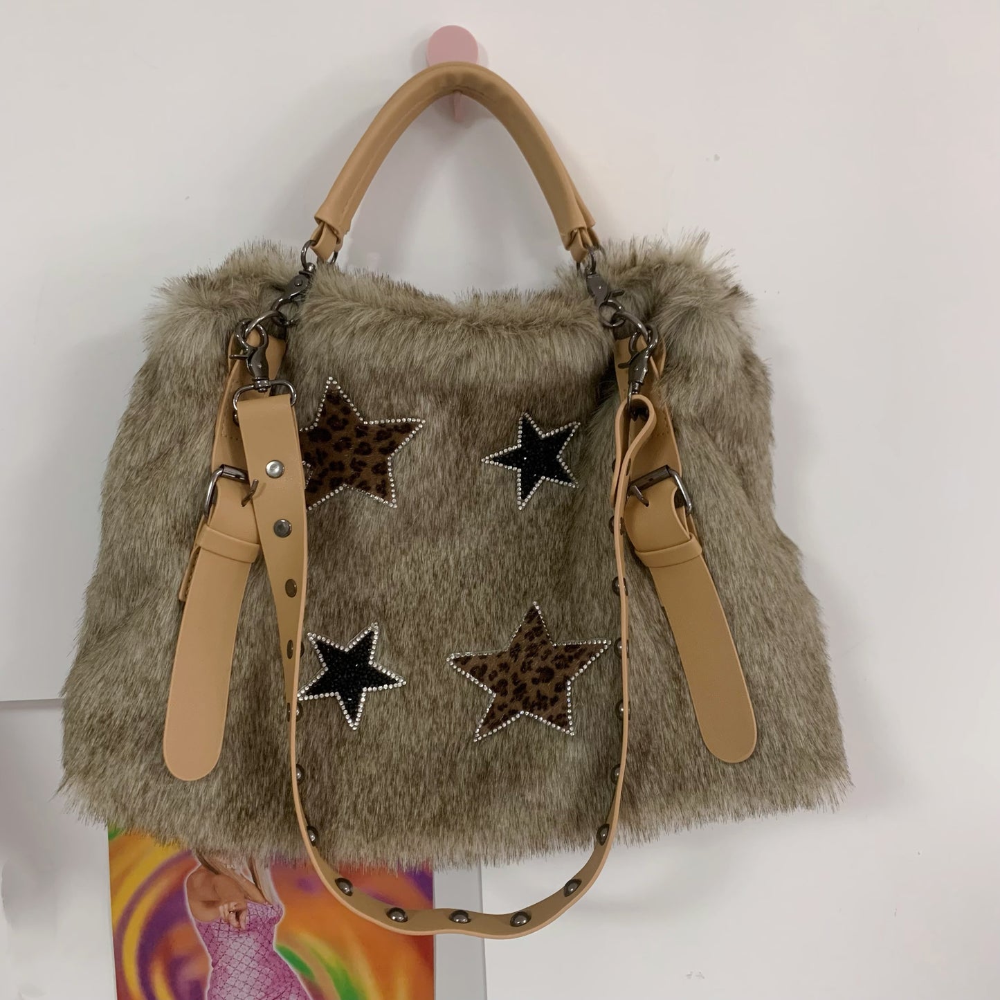 Bolso bandolera de piel de visón con gemas para otoño e invierno, original y casero